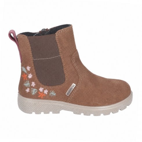 Ricosta Anja | Brown Suede | Girls Flower Design Waterproof Chelsea Style Boots