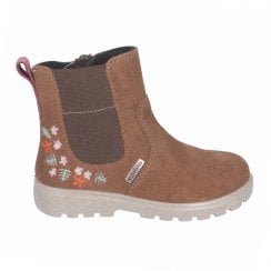 Anja | Brown Suede | Girls Flower Design Waterproof Chelsea Style Boots