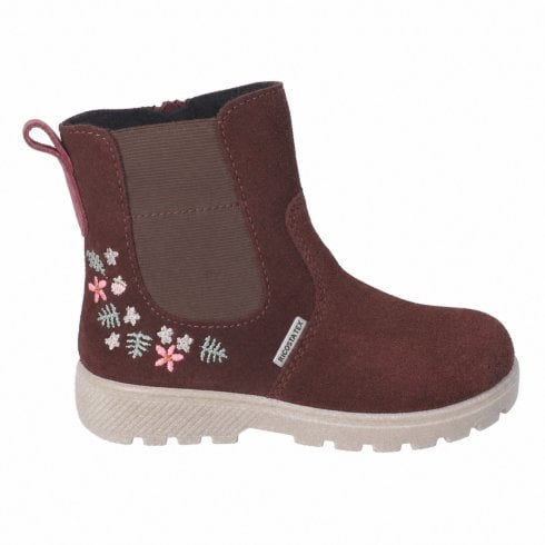 Ricosta Anja | Burgundy Suede | Girls Floral Design Zip Fastening Waterproof Short Boots