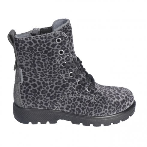 Ricosta Anni | Grey Leopard Print | Waterproof | Girls Combat-Style Ankle Boot