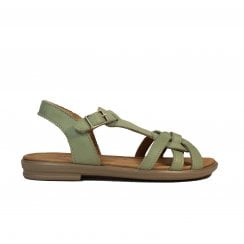 Birte | Jade Green Leather | Girls Decorative Buckle T-Bar Sandals