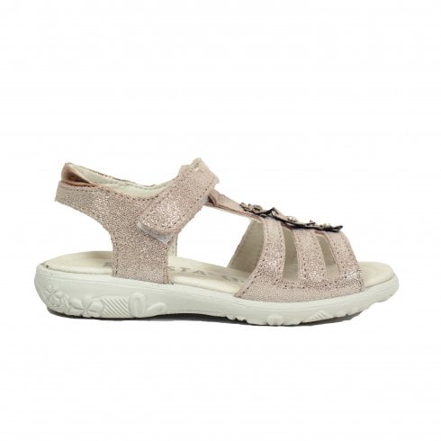 Ricosta Cleo | Nude Pink Leather | Girls T-Bar Flower Design Rip Tape Sandals