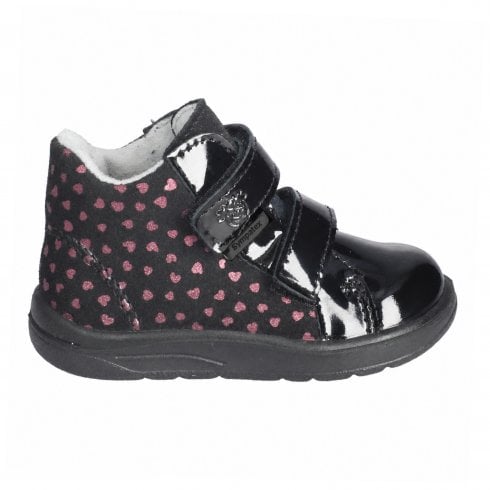 Ricosta Laury | Black Suede/Patent | Girls Heart Print Supportive Waterproof Ankle Boots