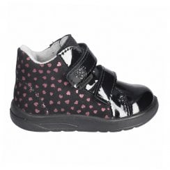 Laury | Black Suede/Patent | Girls Heart Print Supportive Waterproof Ankle Boots